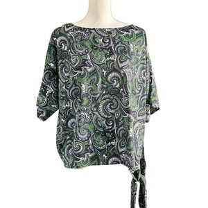 Paisley Print Tie Bottom Top Green Black White Fashion Blouse